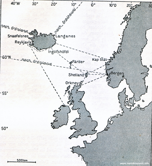 Pomorski putovi Vikinga od i prema Islandu.